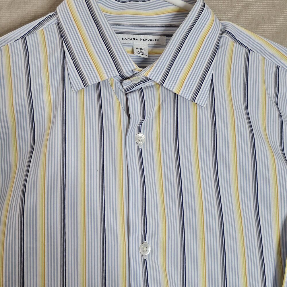 Banana Republic Dress Shirt Mens L Blue Yellow Striped Long Sleeve Button Front